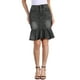 thumbnail image 1 of Falda de mezclilla ajustada con volantes en la parte inferior, de longitud a la rodilla, para mujer, en gris y negro., 1 of 6