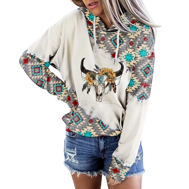 Moda mujer manga larga otoño camiseta impresión bolsillos con capucha blusa Tops Fridja bvmnju7977