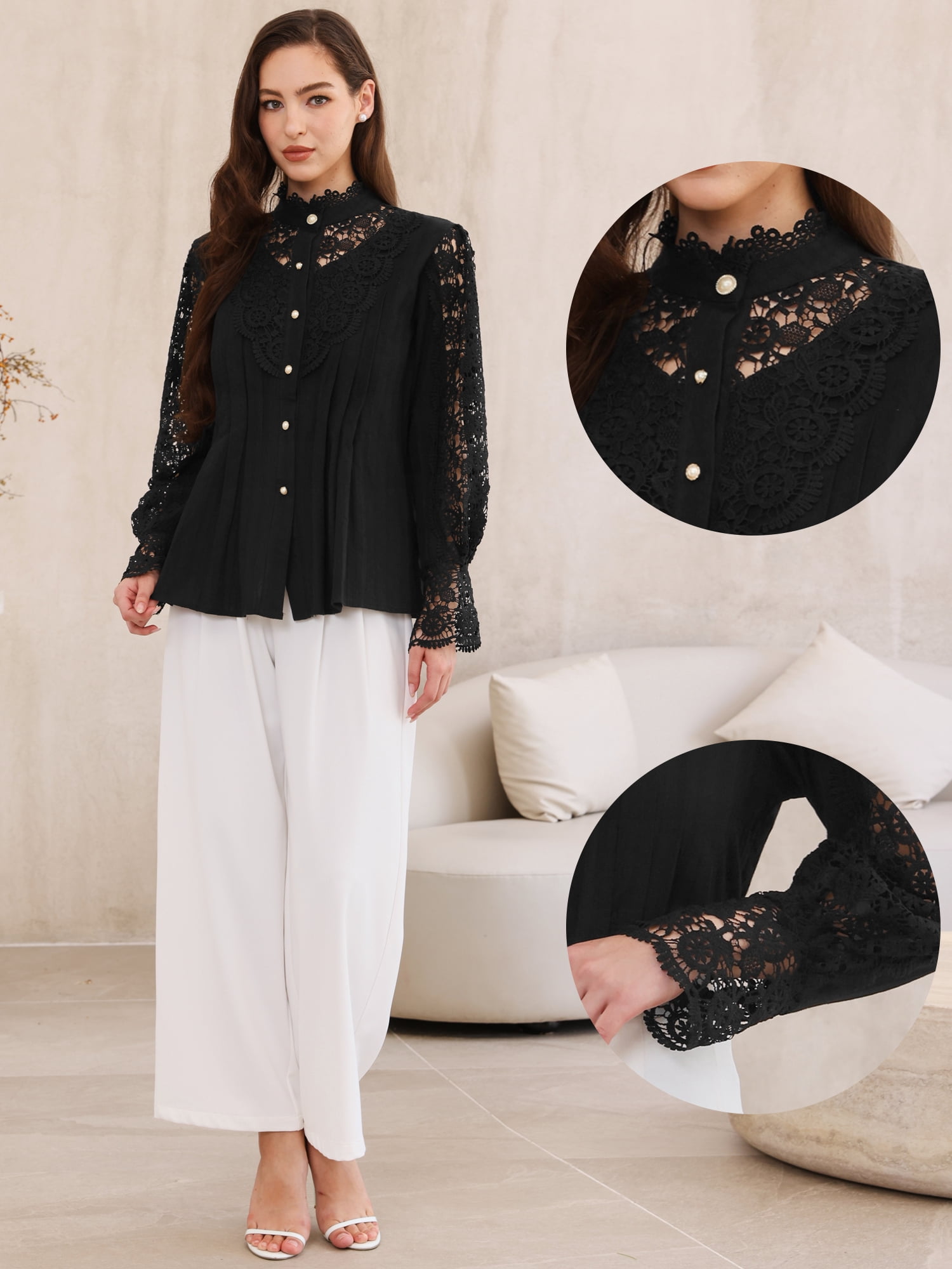DARING DIVA Women's Lace Trim Top Victorian Long Sleeve Button Down Blouse S Black
