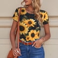 thumbnail image 6 of Honeii Scottish Blue Plaid Sunflower Print Women's Crew Neck Short Sleeve Bodysuit Fashion T-shirt Tops-Large, 6 of 7