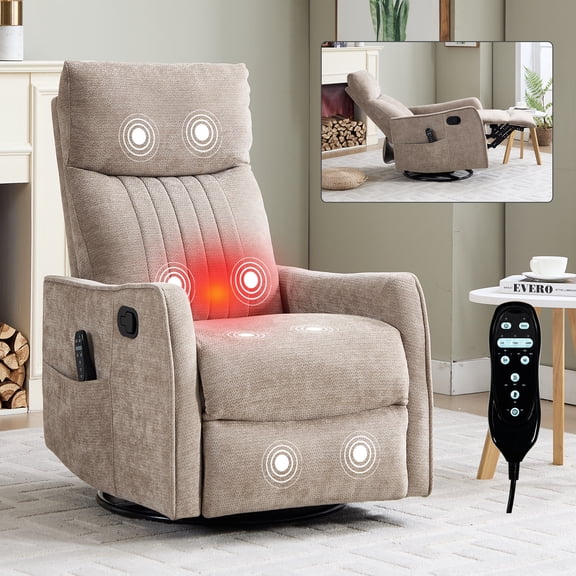 Living Room Recliners Khaki Heat Massage Manual Recliner Chair with Rocker and Swivel in Fabric for Living Room,Massage Chairs