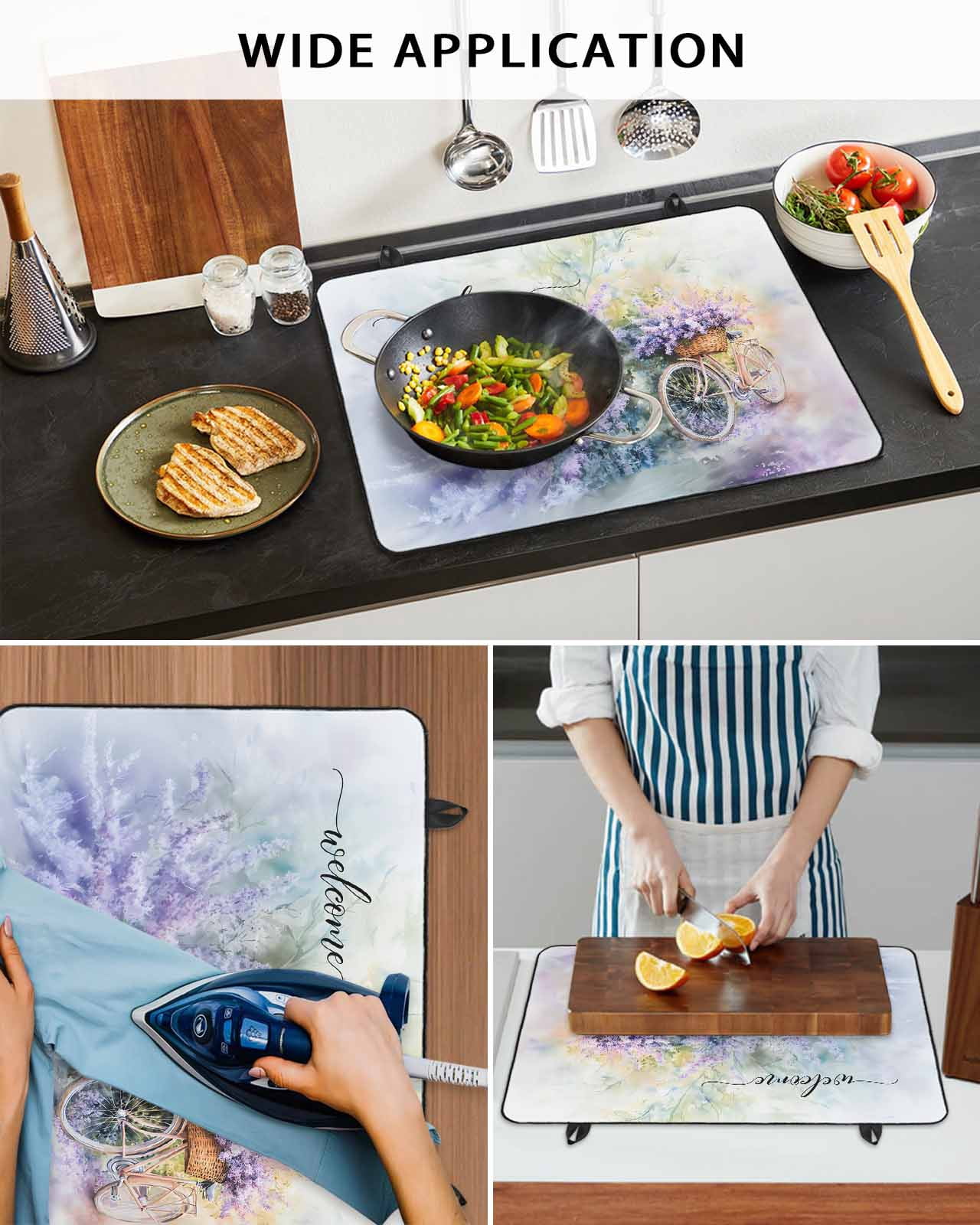 nqOlkjepod Large Induction Cooktop Protector Mat 36"x21", Purple Spring Lavender Stove Top Covers for Electric Stove, Flowers Bicycle Pastoral Farm Stove Burner Cover Mats, Glass Top Stove Cover