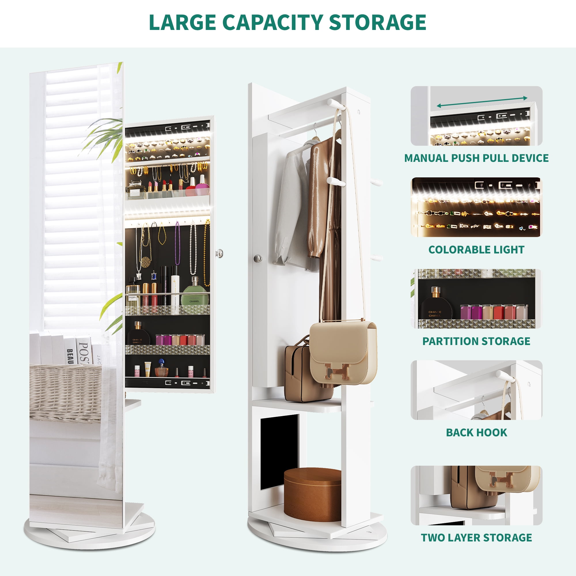 Dextrus 360° Swivel Side Opening Jewelry Armoire with Full Length Mirror, Jewelry Organizer Armoire, Floor Standing Lockable Jewelry Armoire, Rear Storage Shelf, White