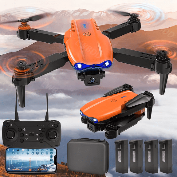 E99 PRO MAX Drone with 4K Dual Camera, orange,2 Batteries, Obstacle Avoidance, 1-Hour Return-to-Home, LED Lights, Foldable Quadcopter, Spare Propellers & Tools