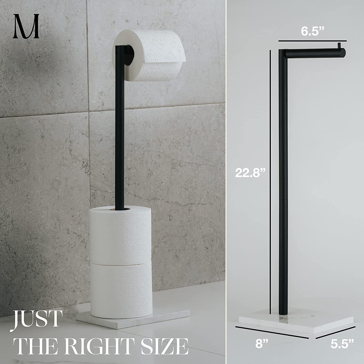 Marmolux Acc Matte Black Toilet Paper Holder Free Standing W/ White Marble Base Storage for Bathroom
