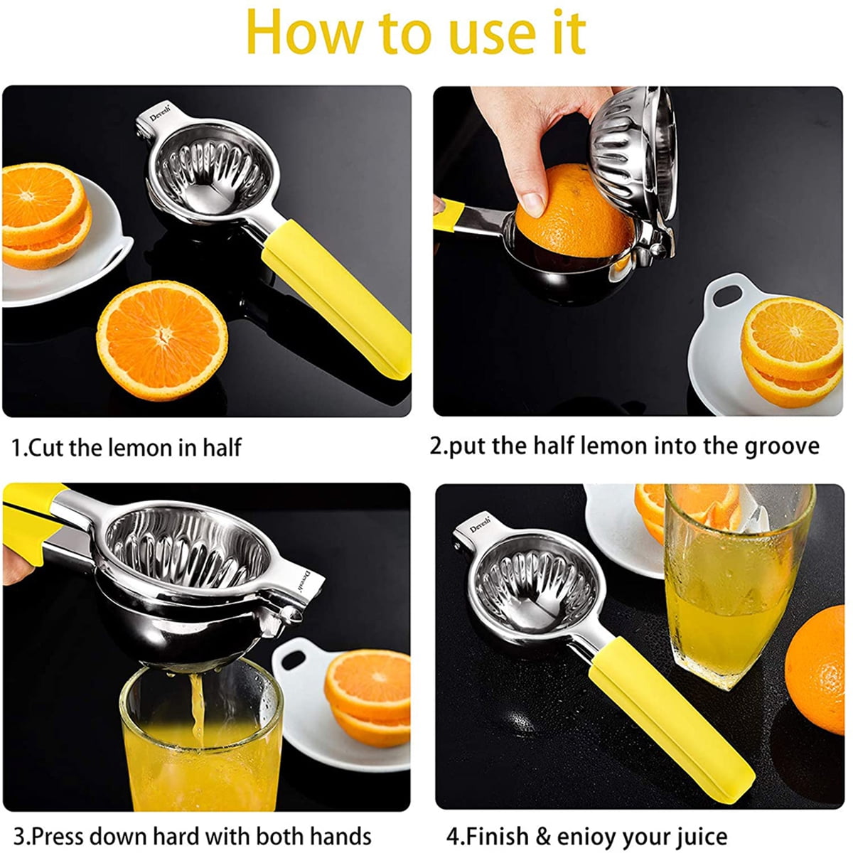 Kepooman 3.54" Handheld Stainless Steel Lemon Squeezer with Non Slip Silicone Handle for Orange Citrus, Yellow Kepooman 3.54" Handheld Stainless Steel Lemon Squeezer with Non Slip Silicone Handle for Orange Citrus, Yellow