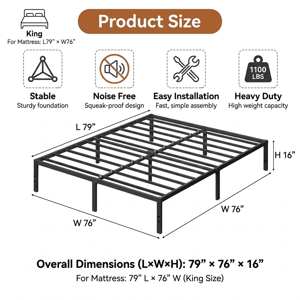 LEDREM King Size Metal Frame, Heavy-Duty Platform Bed with Under-Bed Storage, Easy Assembly for Bedroom, Black
