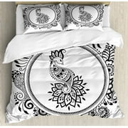 Orient Duvet Cover Set King Size, Formation of a Peacock Surrounded with Flowers and Leaves, Decorative 3 Piece Bedding Set with 2 Pillow Shams, Charcoal Grey and White, by Ambesonne