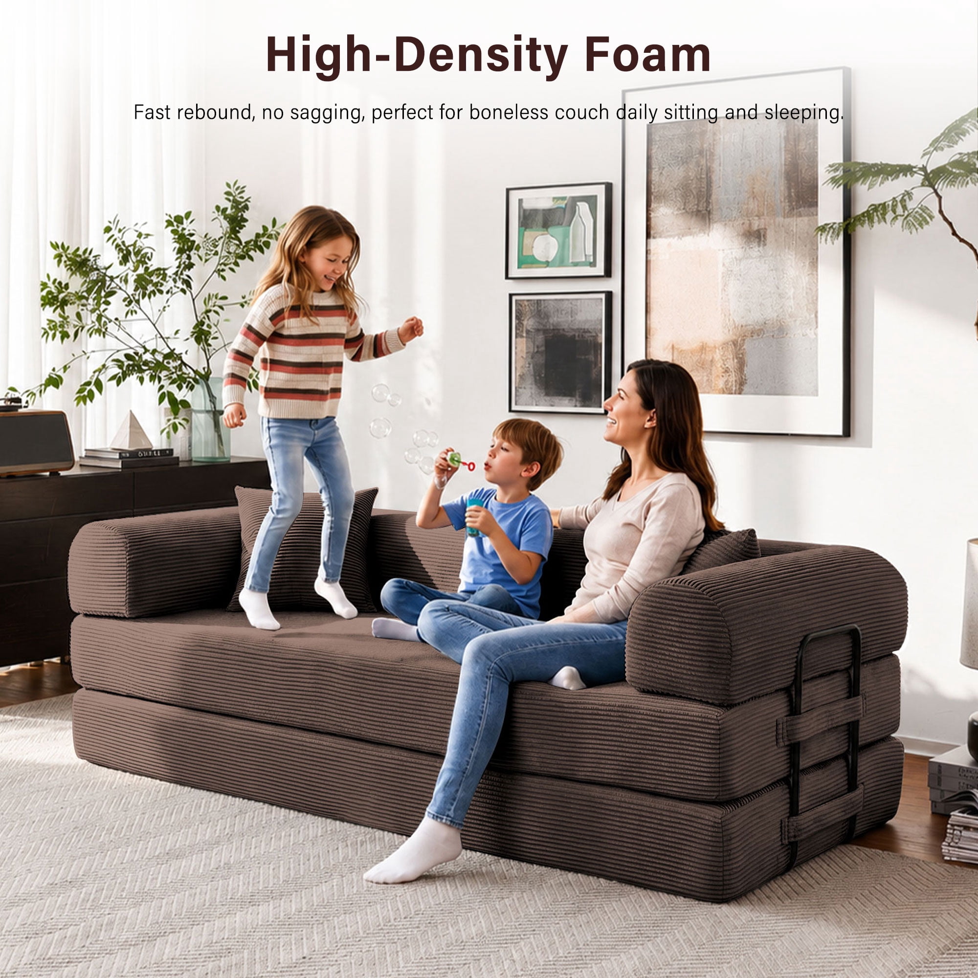 5-in-1 Folding Convertible Sofa Bed, 79" Corduroy Floor Couch Futon, Pull-Out Sleeper Loveseat, Modular Boneless Sofa for Living Room & Bedroom, Brown