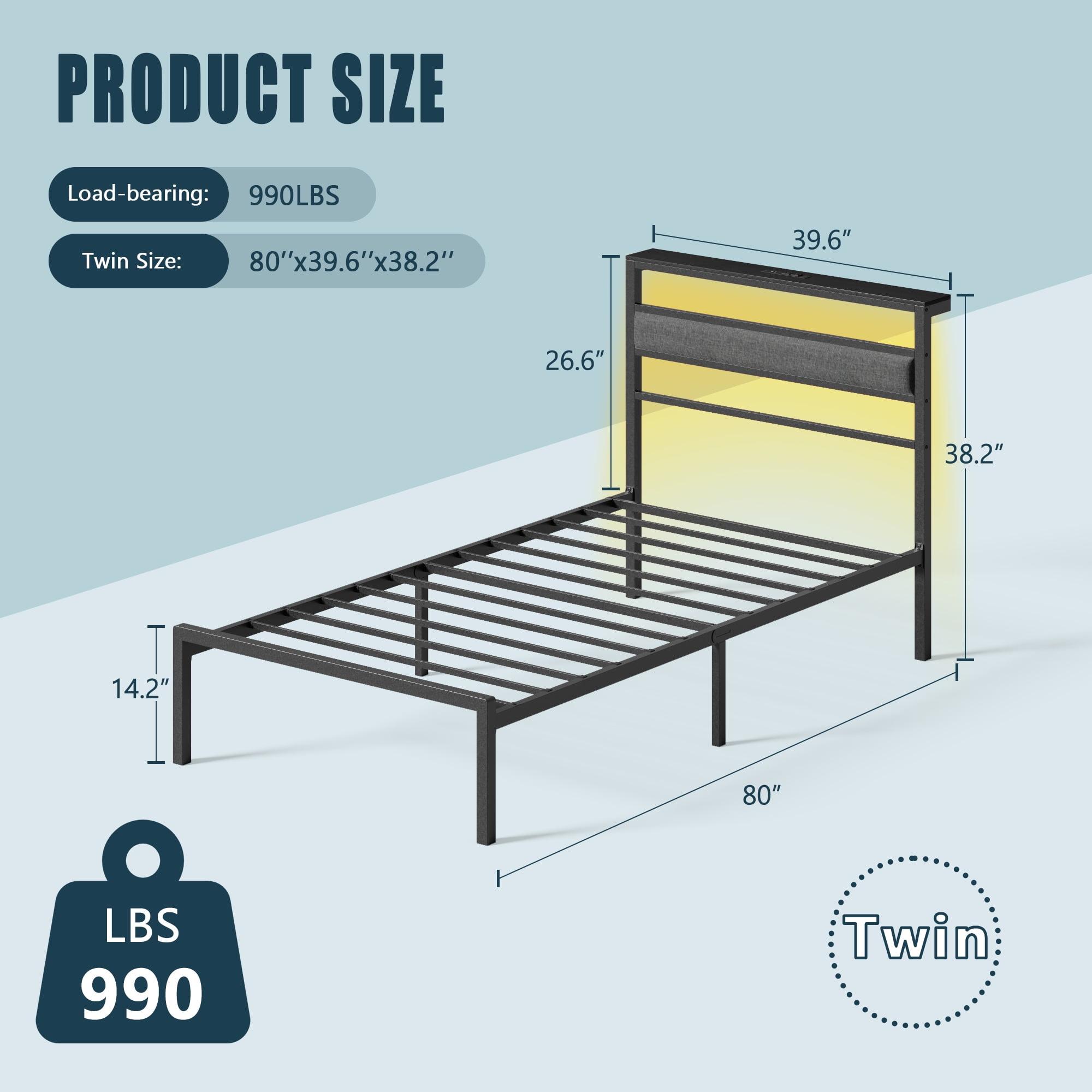 Satifur Twin Size Bed Frame with Upholstered Headboard & Shelf, LED Lights & USB Charging Station, Metal Black