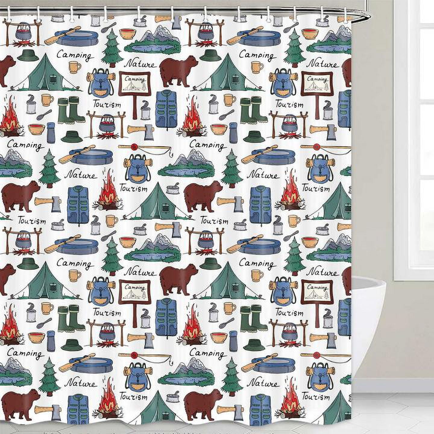 Travel Shower Curtain,Camper Shower Curtain,Farmhouse Camping Shorter and Narrow Stall Fabric Bathroom Decor Hooks Included 48X72in