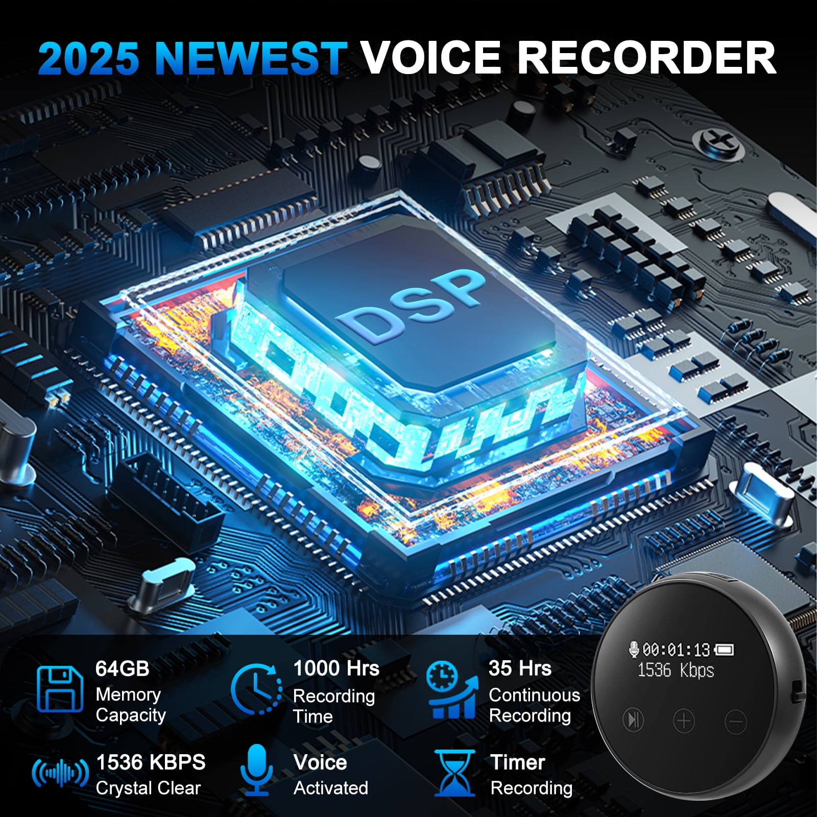 AMTPM 64GB Digital Voice Recorder, DSP Noise Reduction HD Audio Recording, One-Touch & Voice Activated Recorder with Password Protection, USB Direct, 20H Battery for Lectures Meetings Interviews