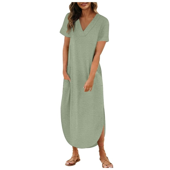 Women's 2024 T Shirt Dress Short Sleeve V Neck Solid Long Dress Side Split Casual Dresses With Pockets Summer Maxi for Women Summer Dresses for Women Short Summer Midi Dress for Women Tee Shirt