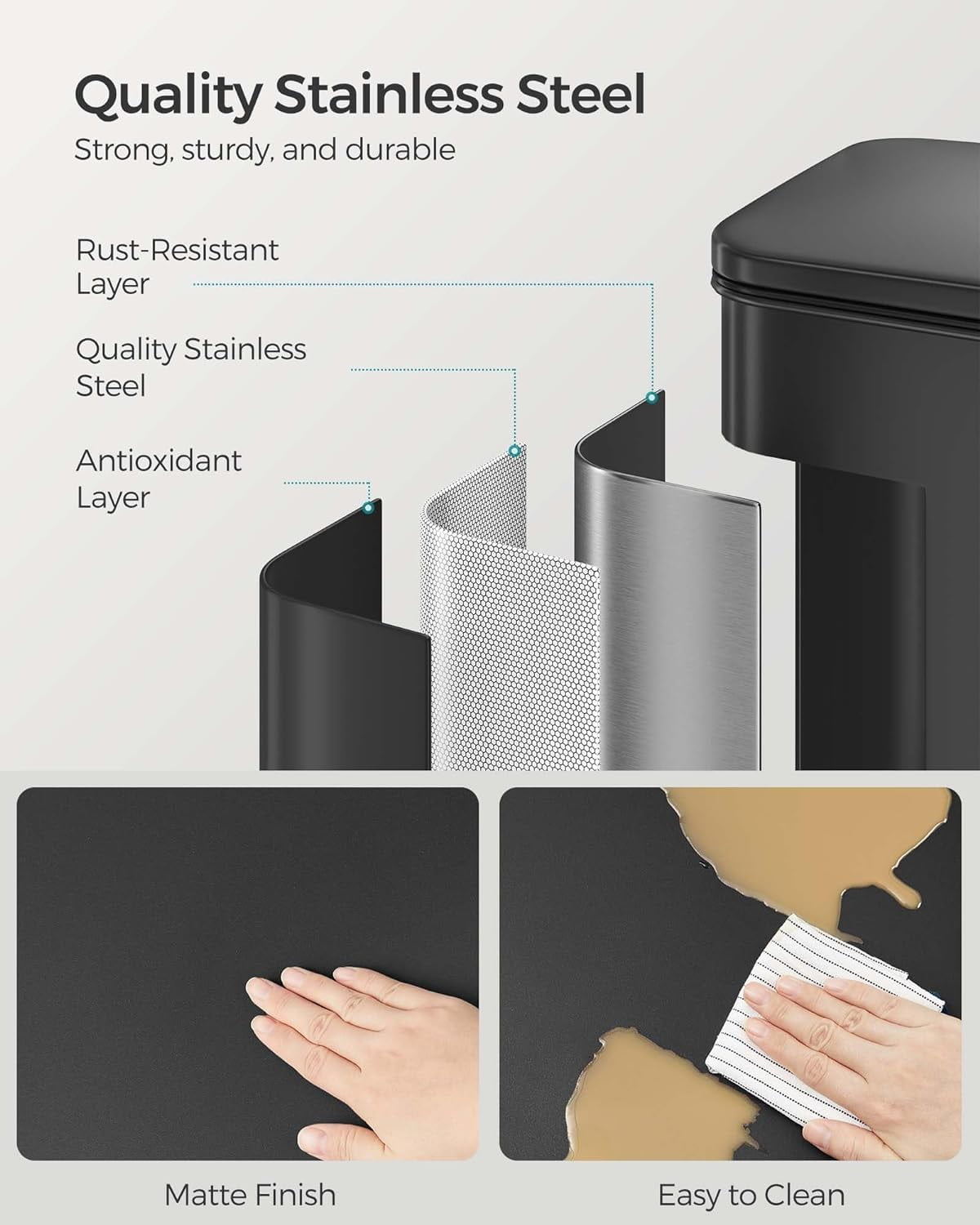 Kitchen Trash Can, 10.5 Gallon (40 L) Garbage Can, Large Step Trash Bin with Lid, Stainless Steel, Soft Close, 15 Trash Bags Included, Black