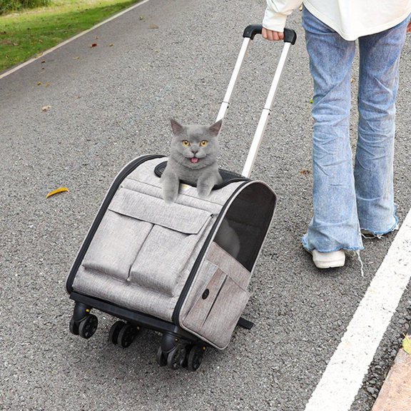 Rollable Pet Carrier with Removable Wheels, 600d Oxford Fabric Multi-Pocket Carrier Backpack Multi-Sided Breathable Viewable Window, Airline Approved for Dogs and Cats with Upgraded Wheels, Gray