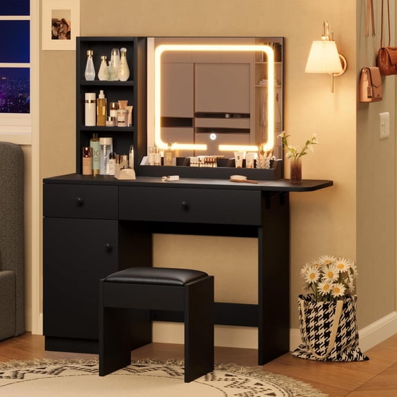 TROPOW Makeup Vanity Desk with Mirror and Lights, Vanity Table Set with Drawer & Power Outlet & Chair & 3 Shelves, Bedroom,Black