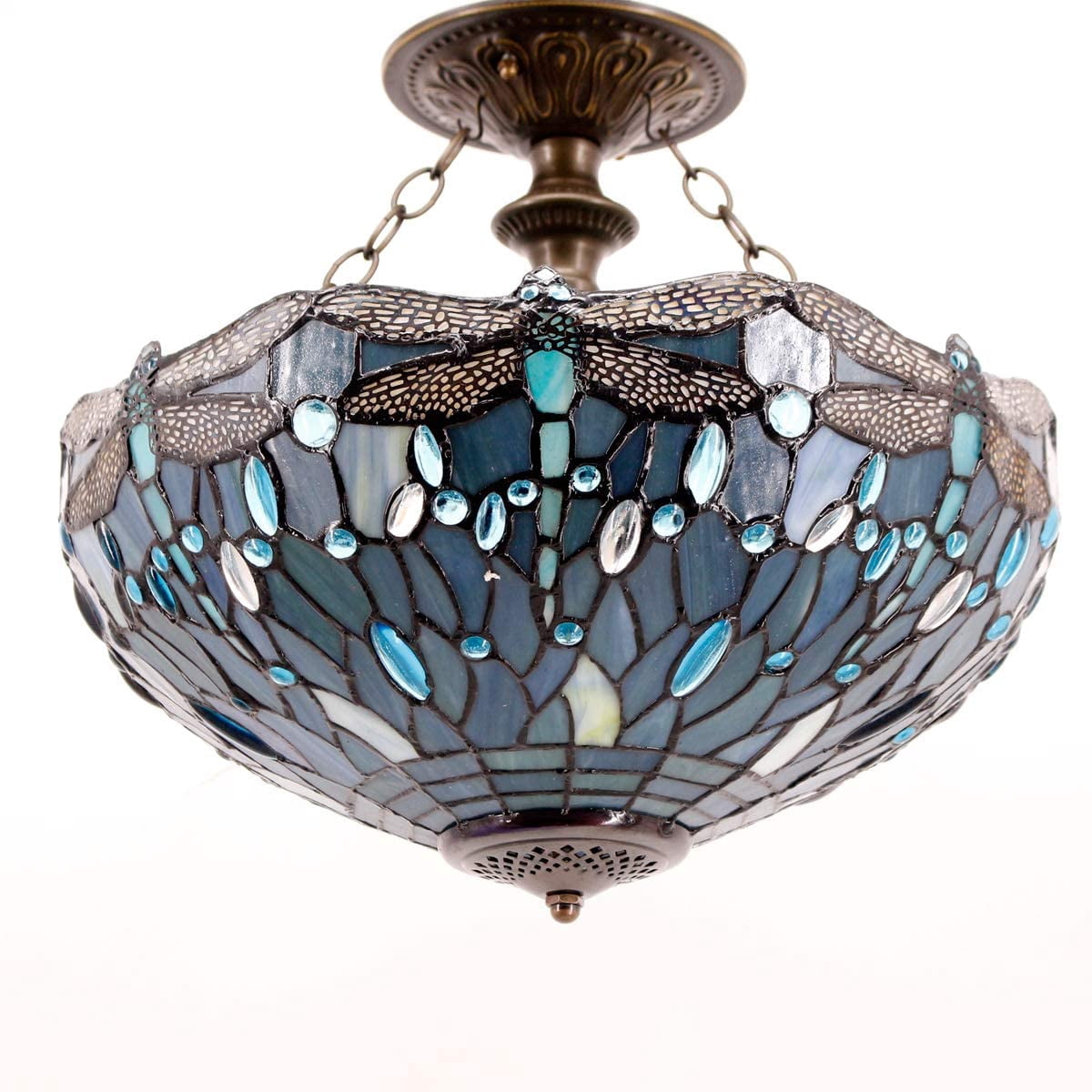Tiffany Ceiling Light Fixture Semi Flush Mount 16" Sea Blue Stained Glass Dragonfly Shade Close to Dome Island Boho Hanging Lamp Decor Bedroom Kitchen Dining Living Room Entry Foyer Hallway WERFACTORY