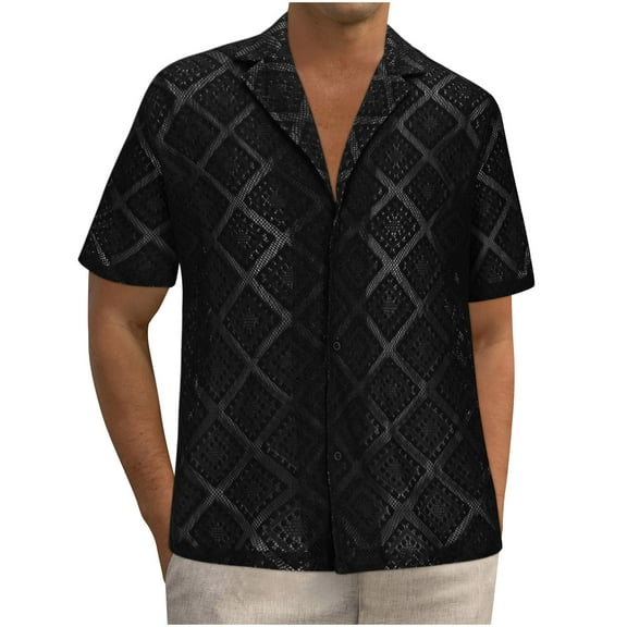 Mens Small Tshirts Black Tees for Men Mens Floral Lace Shirt Hollow Out Sheer See Through Short Sleeve Casual Button Down Beach Shirts