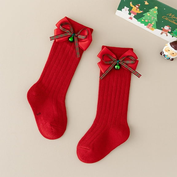 Lilgiuy Christmas Socks for Newborn Infants Girls Tube Ruffled Long Stockings with Bow Knot Toddlers Warm School (Red, 0 -2 Years)