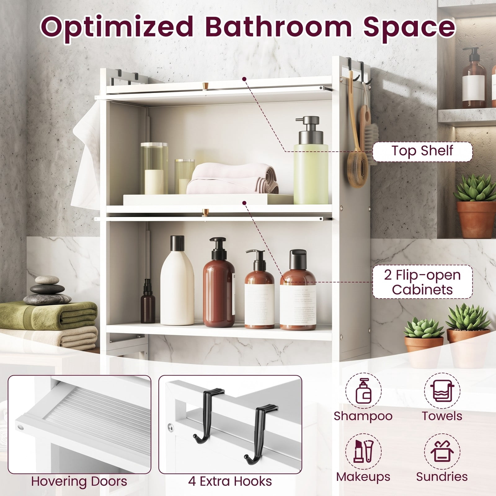 ALPULON Over the Toilet Cabinet Bathroom Organizer with 2 Flip-Up Fluted Door Cabinets and 4 Side Hooks for Storage, White