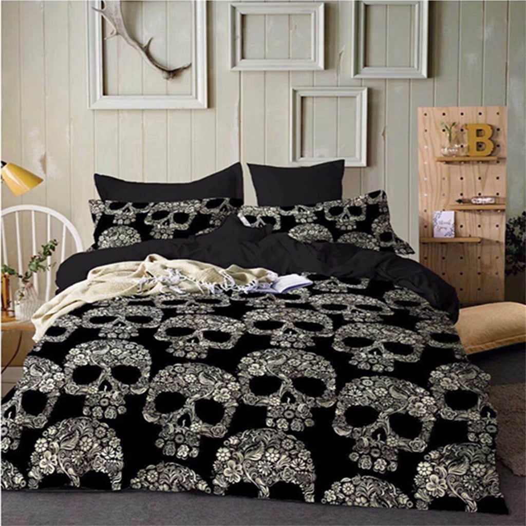 3Pcs Black Bedding Set Beauty Skull Quilt Duvet Cover With Pillowcase Queen King 