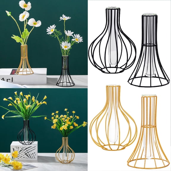 Walbest Nordic Style Glass Test Tube Flower Vase with Metal Stand, Glass Planter Pot Modern Flower Bud Vase Plant Terrarium with Wrought Iron Holder for Home Garden Office Wedding Art Decor