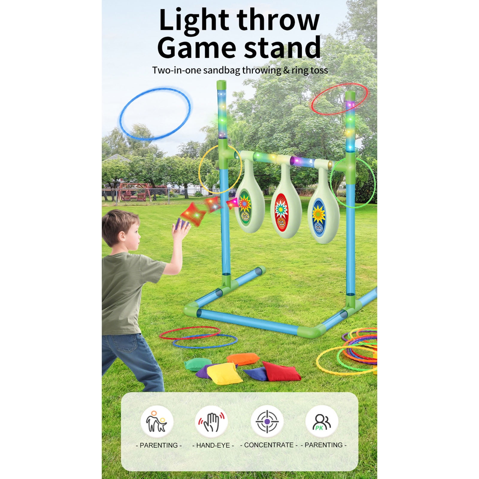Indoor Outdoor Beanbag Throwing Game Stand with Lights, 2 in 1 Two Player Competitive Throwing and Ring Toss Set, LED Light Up for Night Parties