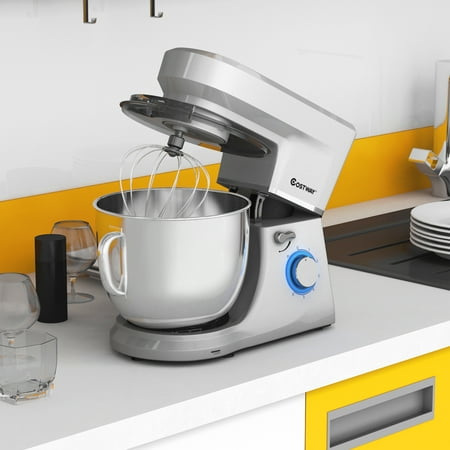 Costway - Tilt-Head Stand Mixer 7.5 Qt 6 Speed 660W with Dough Hook, Whisk & Beater - Silver