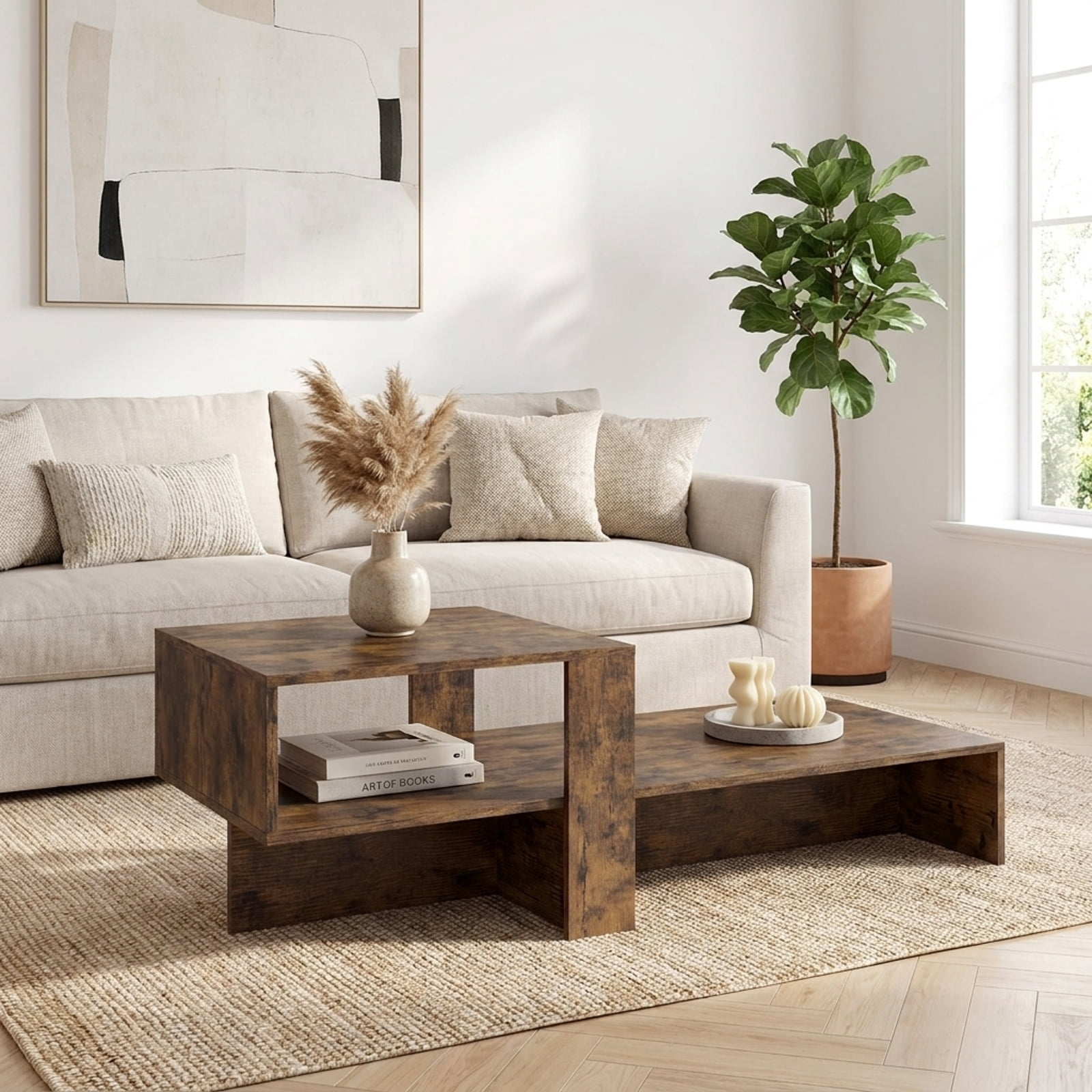 Furnibear 2 Tier Modern Irregular Coffee Table with Open Storage Shelf and Geometric Silhouette for Living Room for Home and Living Space, Brown