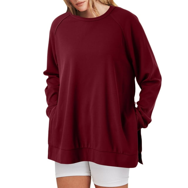 Women's Crew Neck Sweatshirt Loose Fit Oversized Pullover With Zippered Side Slits Long Sleeved Tops For Fall Fashion