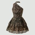 thumbnail image 5 of Girls Leopard Print Asymmetric Halter Dress, Kids Sleeveless Off Shoulder Ruched Waist Tiered Mini Skater Dress, Summer Fashion Party Casual Outfit(Brown,10-11 Years), 5 of 9