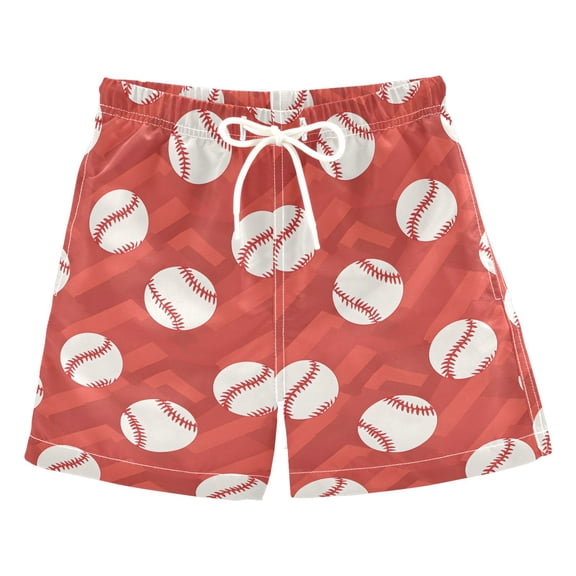 Red Chevron Baseball Pattern Swim Trunks Quick Dry Beach Pool Board Shorts Lightweight Stylish Print Sizes 2T to XL