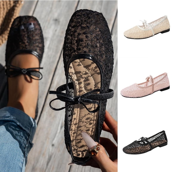 YHAJDS Lace Casual Shoes for Women Solid Color Lace Embroidery Closed Toe Slip On Casual Flat Office Walking Shoes
