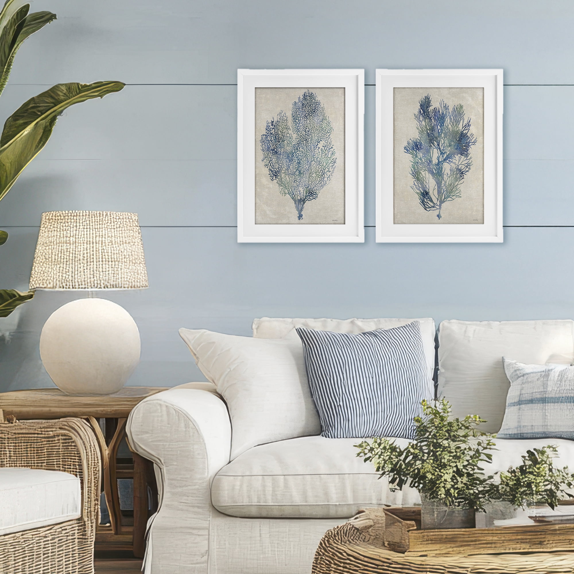 Stupell Industries Fan Coral Study in Blues 2 Piece White Framed Print Under Glass Set, design by Amber Sterling