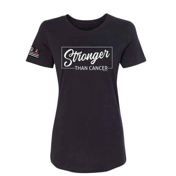 Wild Bobby Stronger than Cancer USA Flag Sleeve Breast Cancer Awareness Women Slim Fit Junior Tee, Black, Small