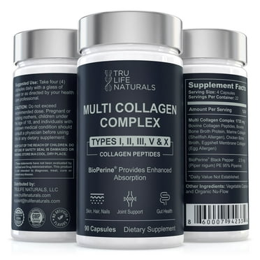 Multi Collagen Complex 5 Types (Types I, II, III, V & X) | Collagen Peptides for Enhanced Absorption | Supports Skin, Hair, Nails & Joints | Non-GMO, Marine & Bovine Collagen (90 Capsules)