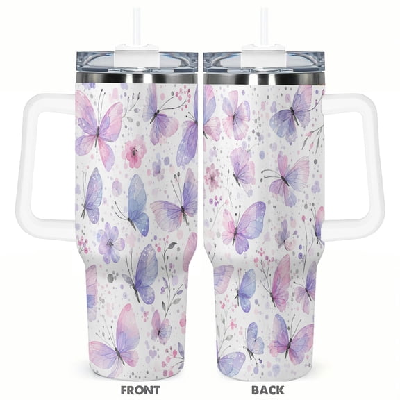 40oz Watercolor Butterfly Tumbler with Handle and Straw Stainless Steel Insulated Travel Coffee Cup Gift for Women