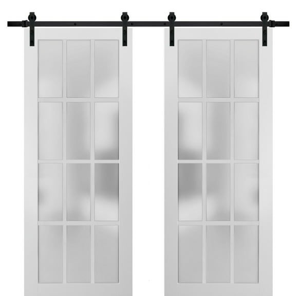 Sturdy Double Barn Door 56 x 80 inches with Frosted Glass 12 Lites | Felicia 3312 Matte White | Top Mount 13FT Rail Hangers Heavy Set | Solid Panel Interior Doors