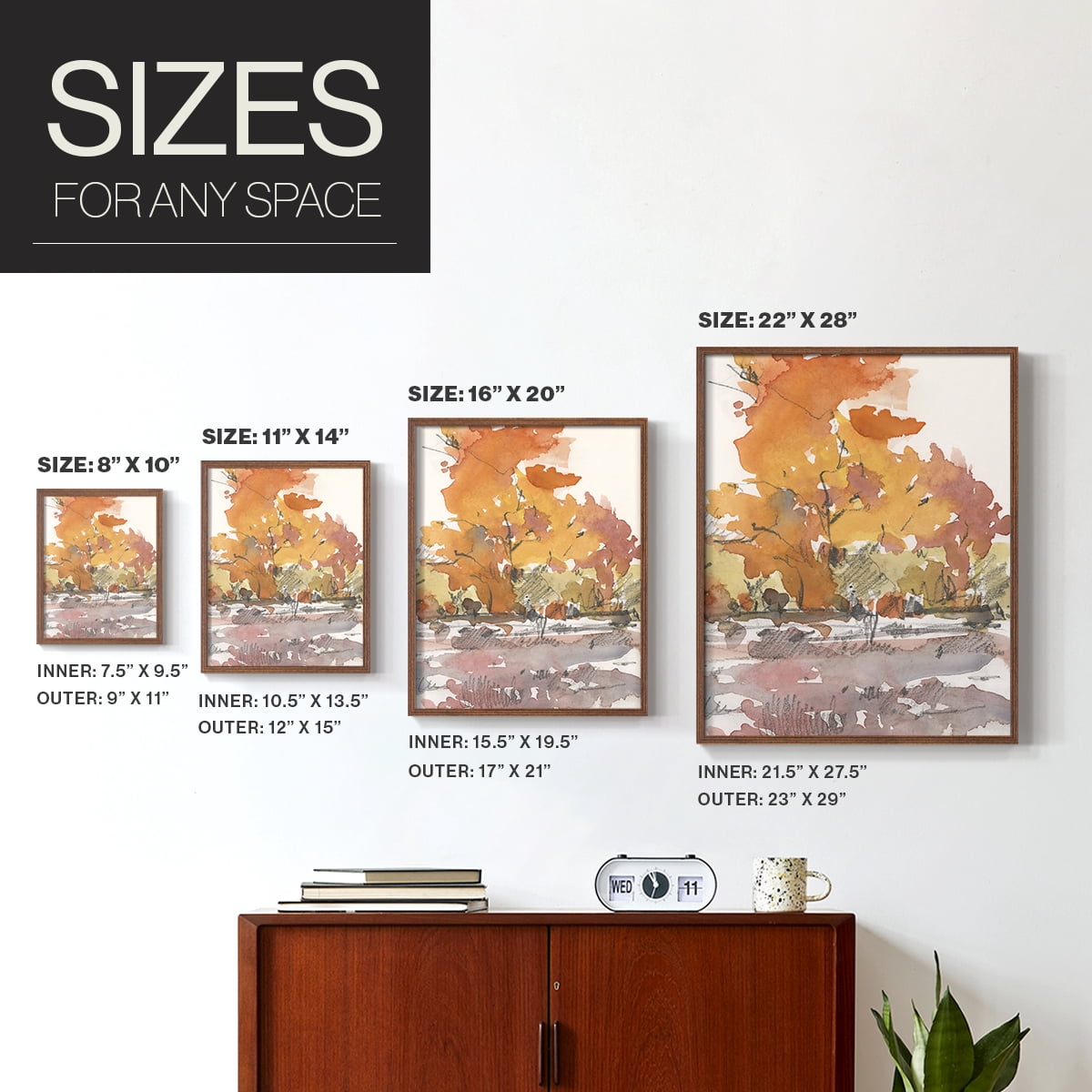 Watercolor Treeline Sketch II Framed Print in Brown Solid Wood 8 x 10 Framed Print