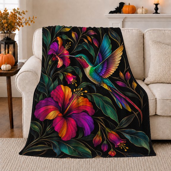 Vibrant Hummingbird Hibiscus Flower Tropical Tranquility Nature Art, Dramatic Bird Art Scene, Warm Flannel Blanket for Cabin and Lodge, Bird Lovers Housewarming Gift, Artistic Home Decor