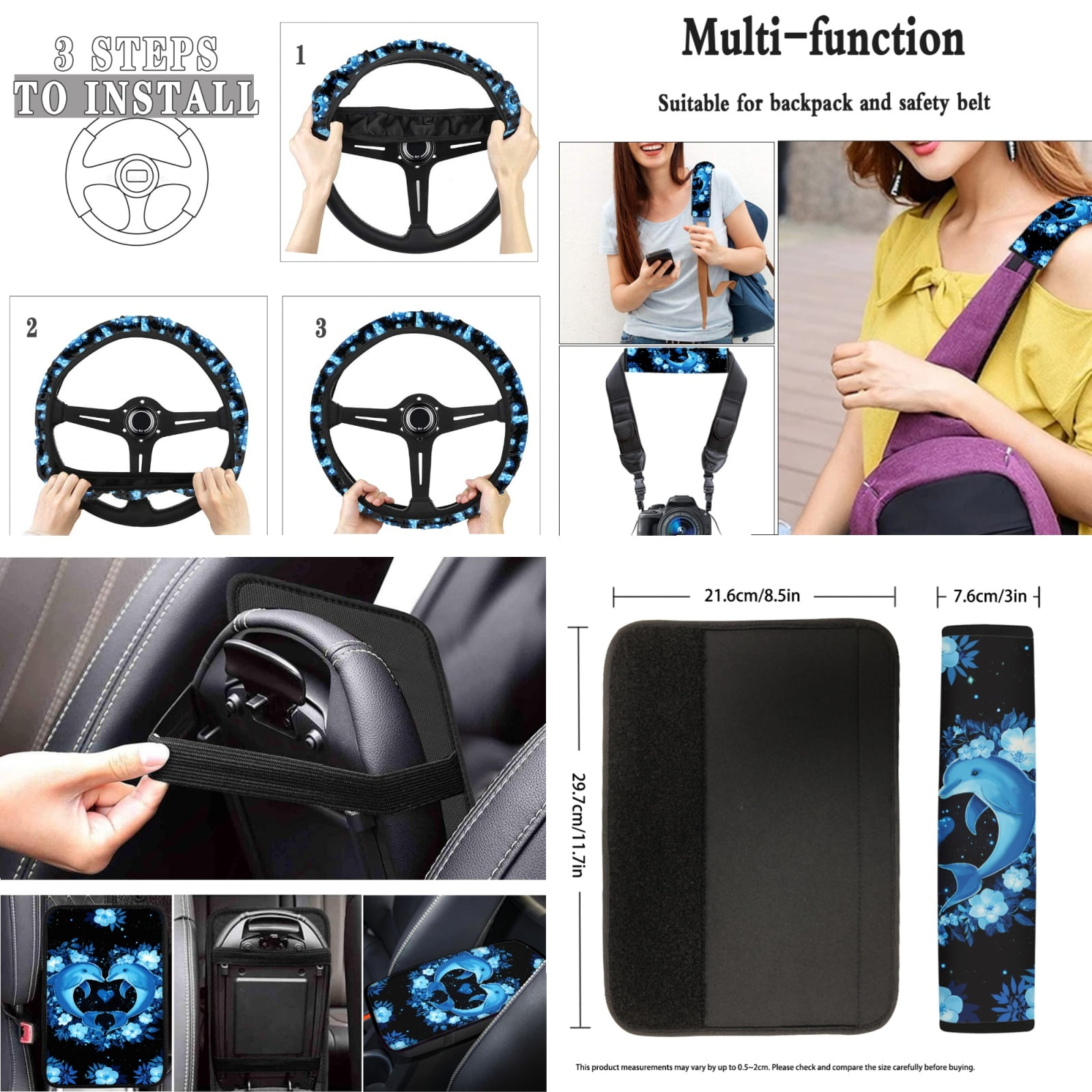 Jeiento Blue Dolphin Car Seat Cover Full Set for Men Woman Car Floor Mats Steering Wheel Cover Keychains Seatbelt Pad Armrest Cover Cup Coasters Lipstick Holder Interior Auto Accessory 17pcs