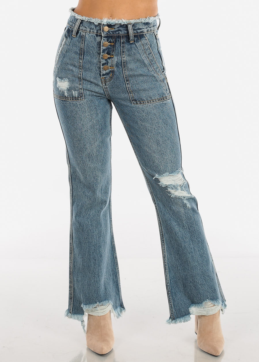 Moda Xpress - Womens High Waisted Distressed Wide Leg Medium Wash Jeans ...