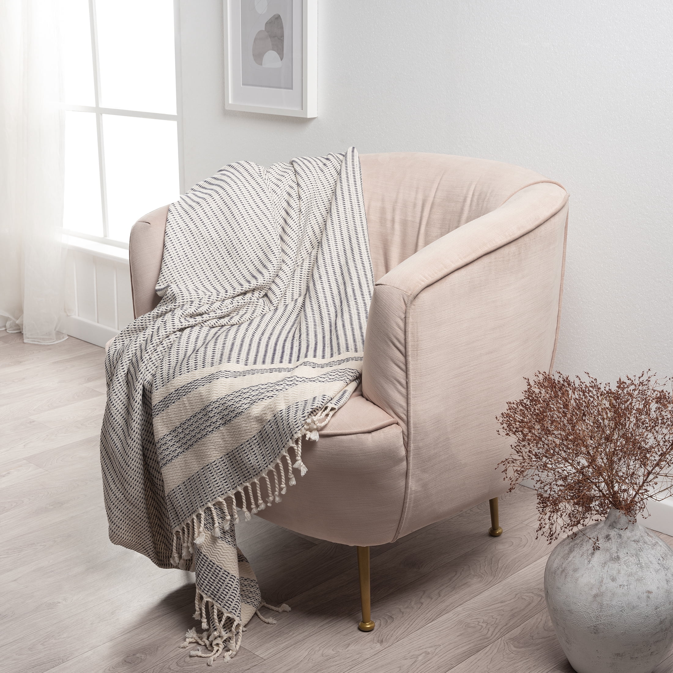 Ox Bay Navy Striped Ultra-Soft Turkish Cotton Throw Blanket, 50" x 60"