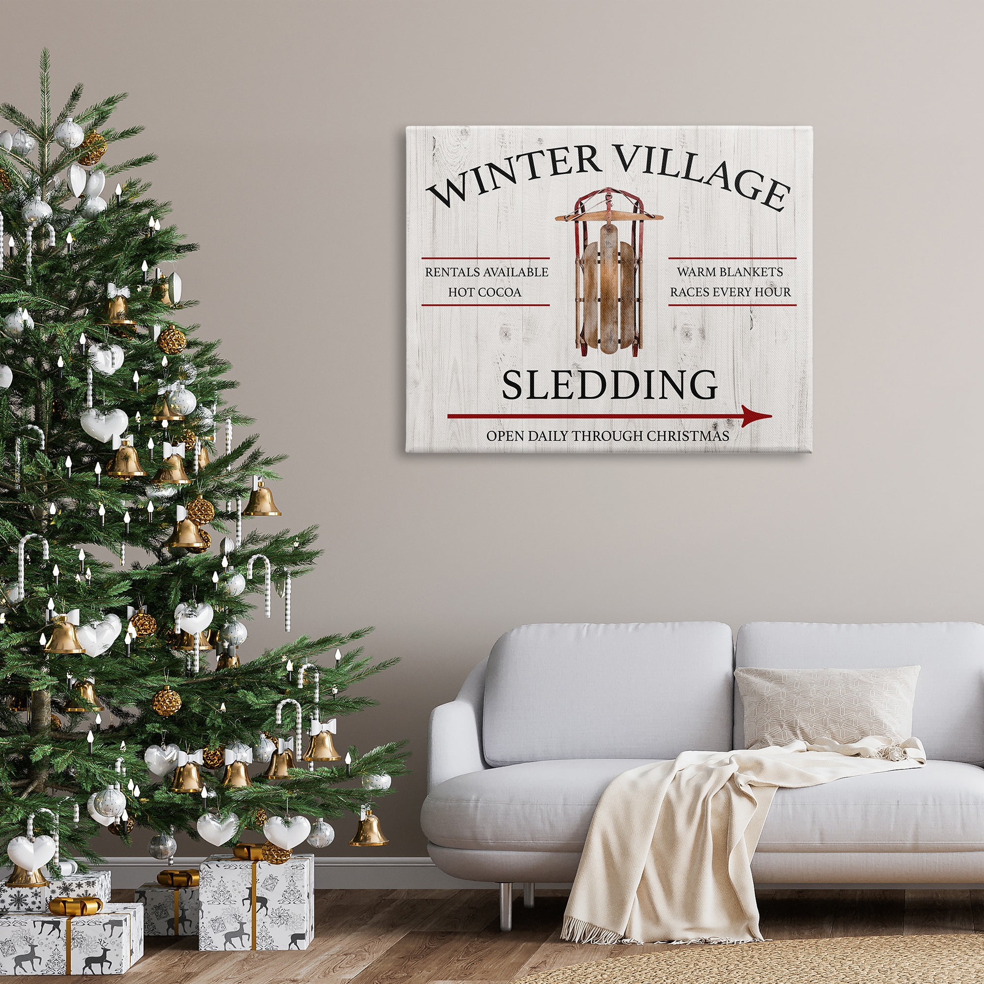 Stupell Industries Winter Village Sledding Holiday Painting Gallery Wrapped Canvas Art Print Wall Art, 48 x 36