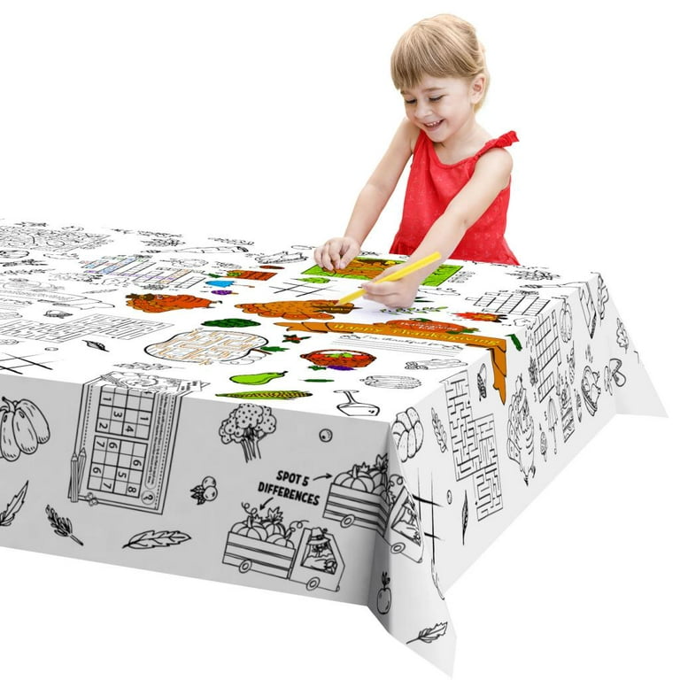 Fun Little Toys 88 x 54 Thanksgiving Coloring Tablecloth for Kids Thanksgiving Tablecloth Disposable Rectangle Thanksgiving Paper Tablecloth, Giant