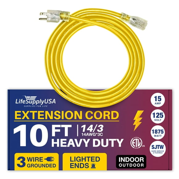 10ft Power Outdoor Extension Cord & Indoor - Waterproof Electric Drop Cord Cable - 3 Prong SJTW, 14 Gauge, 15 AMP, 125 Volts, 1875 Watts, 14/3 ETL Listed by LifeSupplyUSA - Yellow (1 Pack)