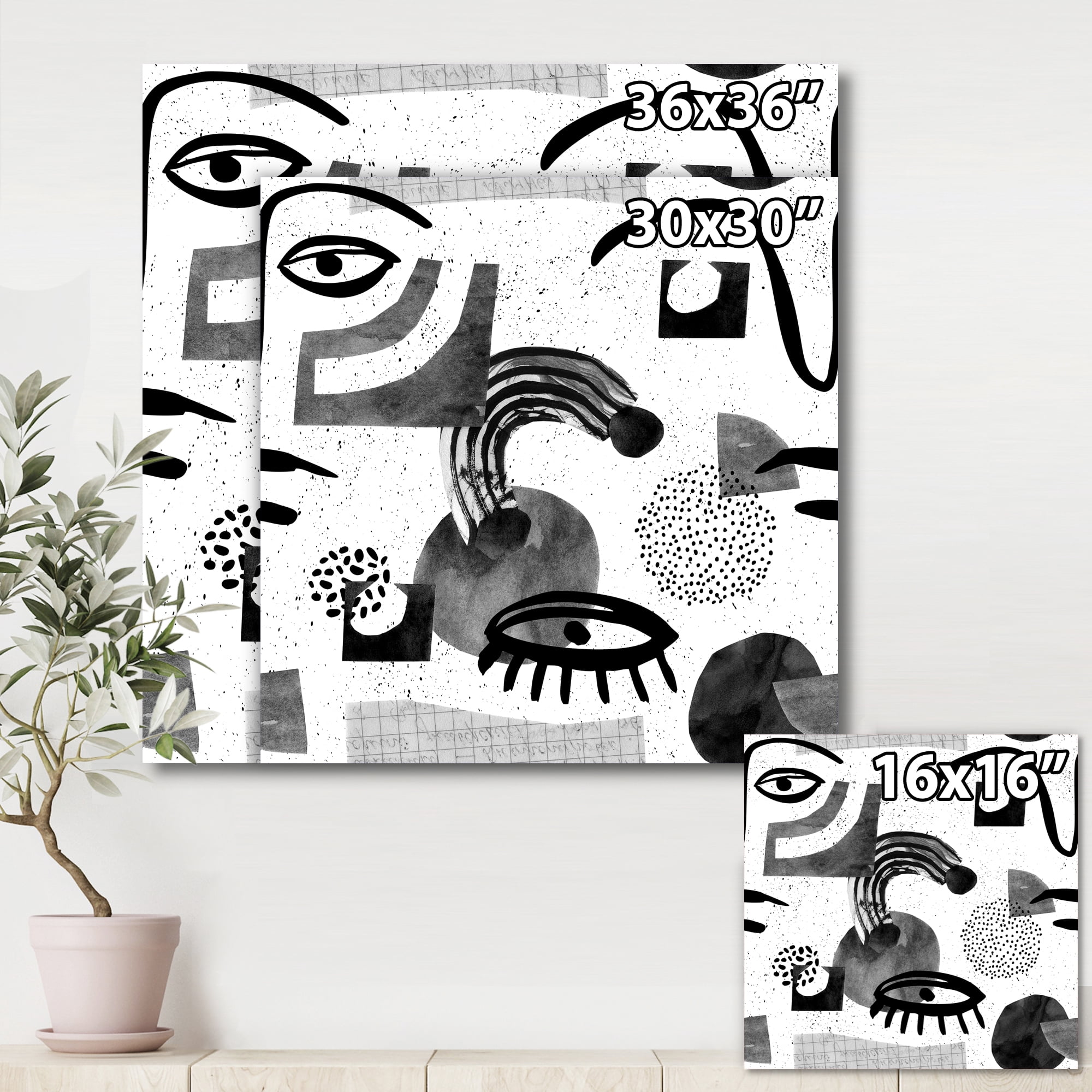 Collage of Eyes And Doodles In Contemporary Style II 36 in x 36 in Painting Canvas Art Print, by Designart
