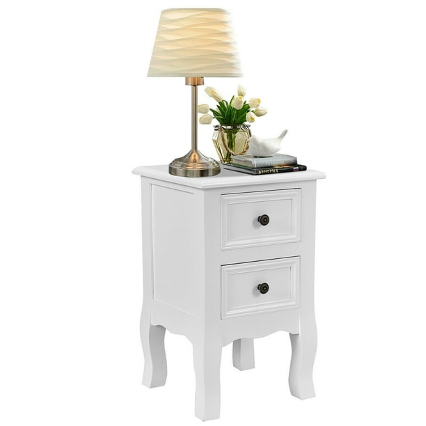 Costway White Night Stand w/ 2 Storage Drawers, Wood End Accent Table