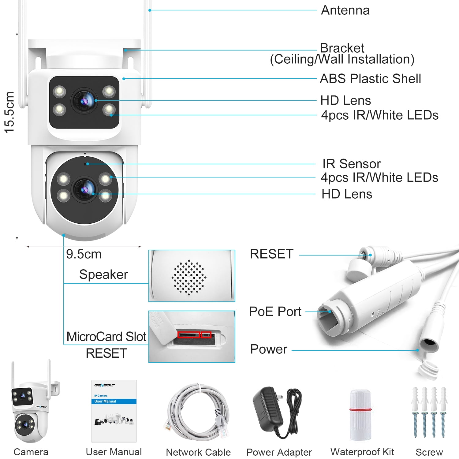 GENBOLT PTZ WiFi Security Camera Outdoor with Dual Lens, CCTV Surveillance with Dual View, Cloud Storage Upgraded with Color Night, Auto Tracking Humanoid Detection [DC&PoE]