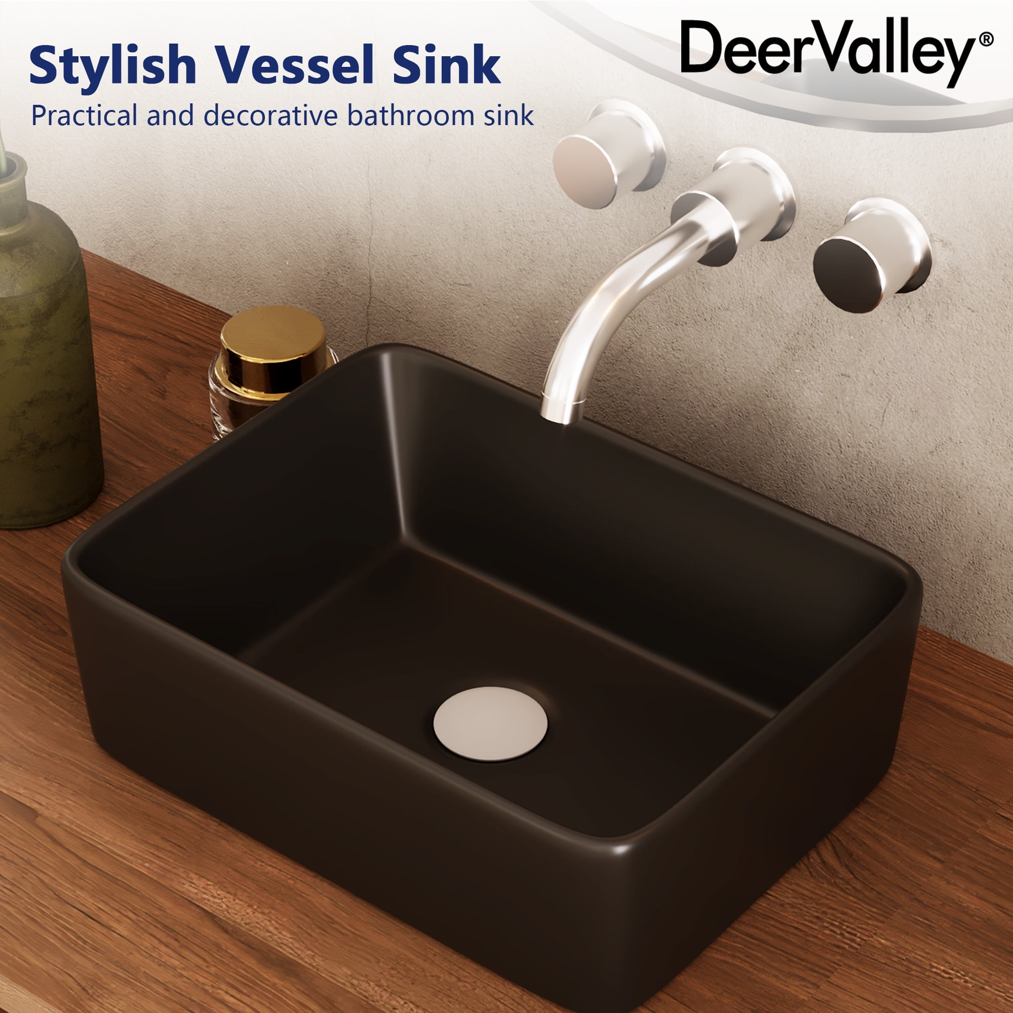 DV-1V0048B DeerValley Liberty 16 in. L x 12 in . W Rectangular Bathroom Ceramic Vessel Sink in Black, Faucet not Included